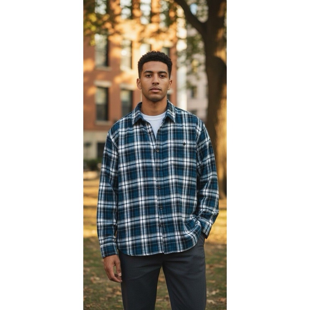 Blue Mountain Men's  Flannel Shirt Long Sleeve Plaid Blue Green White 4X Big